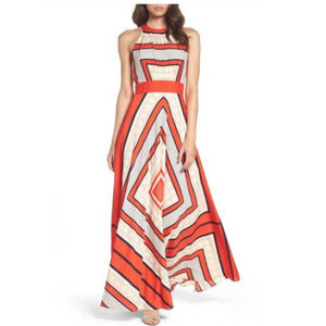 Eliza J. Scarf Maxi Dress Red White Halter Neck Sleeveless Geometrical Print 16